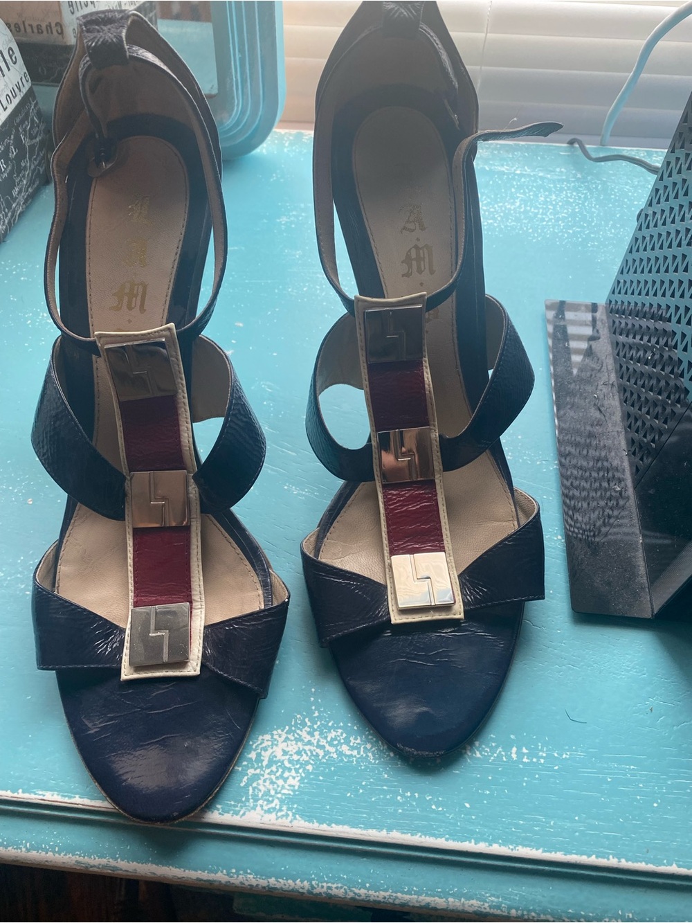 Women's Navy and Burgundy T-Strap Dress Sandals